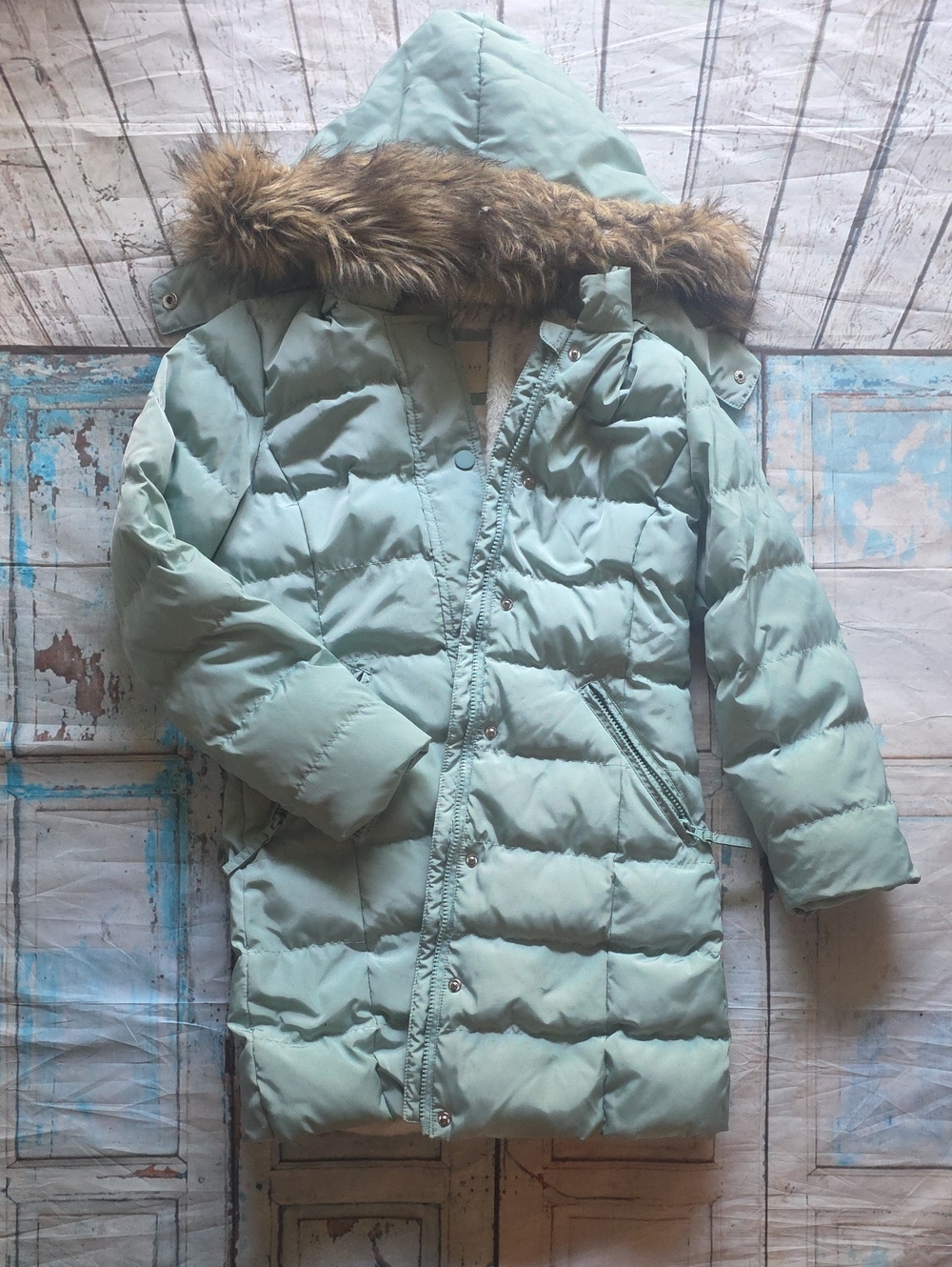 Copper Key Kids Light Blue Puffer Coat with Faux Fur Hood - Girls 10/12